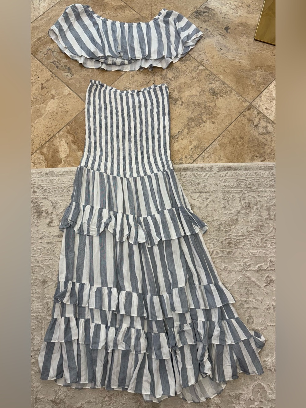 NWT Victoria’s Boutique Blue & White Striped Off-the-Shoulder Smocked Dress - Picture 9 of 14